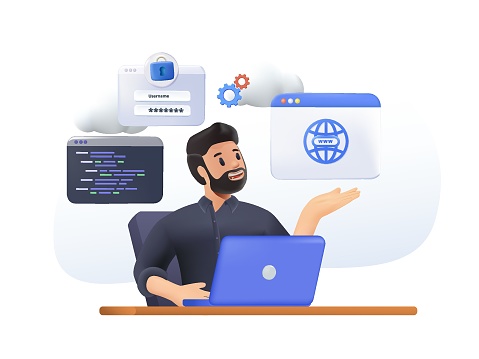 3D Work with software. Man writes code at computer, develops program, website or application. Programmer or IT specialist at work. Freelancer or remote employee. Cartoon 3D vector illustration