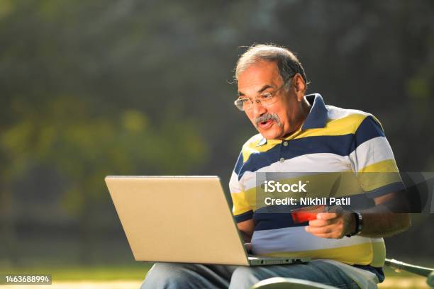 Indian Man Using Laptop And Bank Card At Park Stock Photo - Download Image Now - Credit Card, Culture of India, Happiness