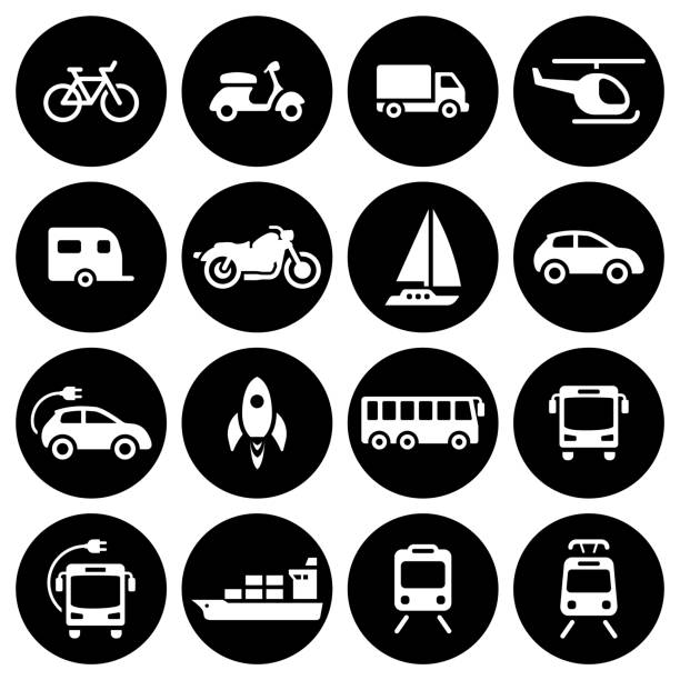 Vehicle icons Vehicle icons. Black and white, square icons train vehicle front view stock illustrations