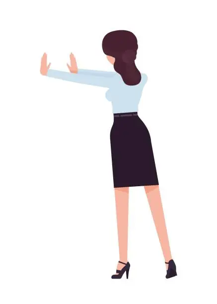 Vector illustration of Effective business woman in office pencil skirt standing stop, rear