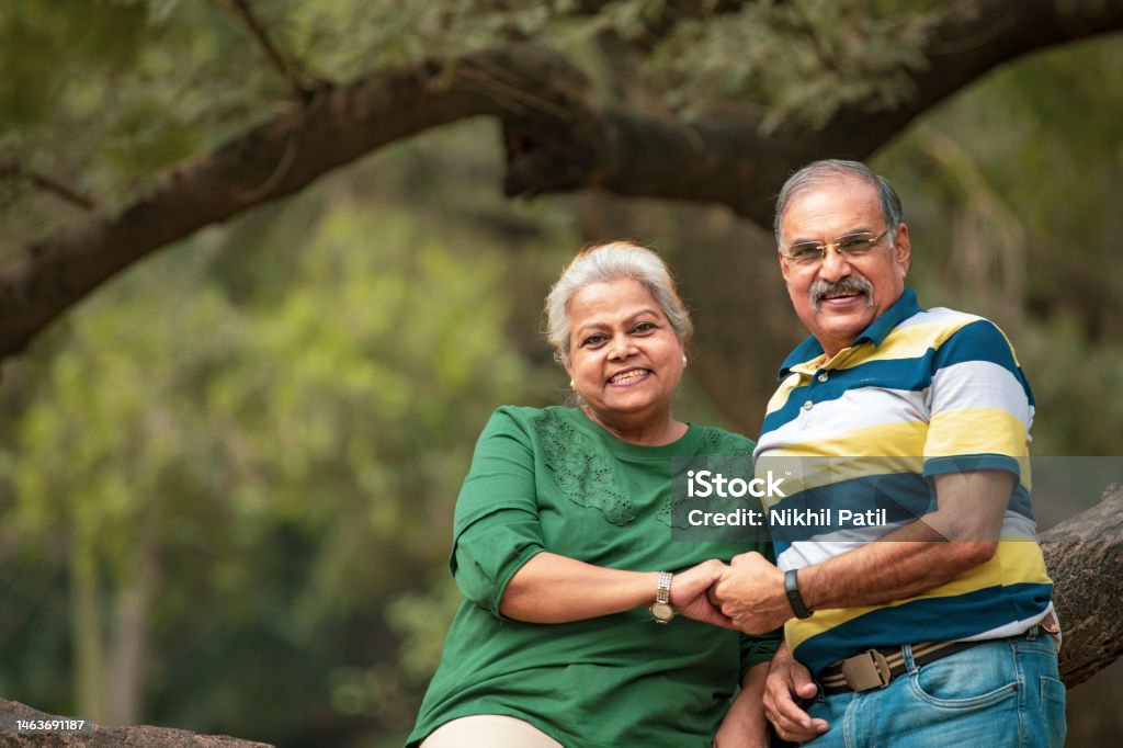 happy Old couple spending time together at park. Indian Ethnicity Stock Photo
