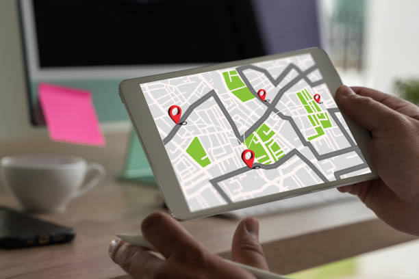istock GPS route destination Maps require the use of GPS online mapping in the car, which controls the navigator for GPS tracking. 1463691778