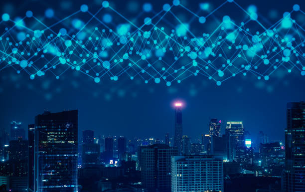istock Communication network speed line light above the smart city, 5G LTE data connection technology concept. 1463692553
