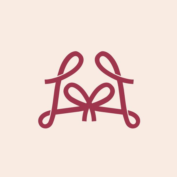 LL monogram, intertwined letter l logo. Uppercase typeface, handwriting signature alphabet initial monogram. Red color ribbon bow. Lettering sign isolated on light background. Decorative style icon for brand identity. Elegant calligraphy, beauty, deco design, gift boutique, cute fashion font letter mark. script letter l stock illustrations