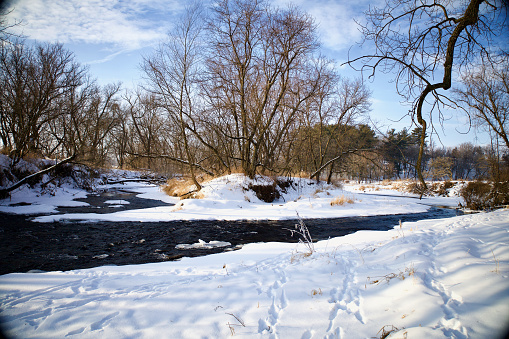 A view of frozen winter in Root River, Preston, MN