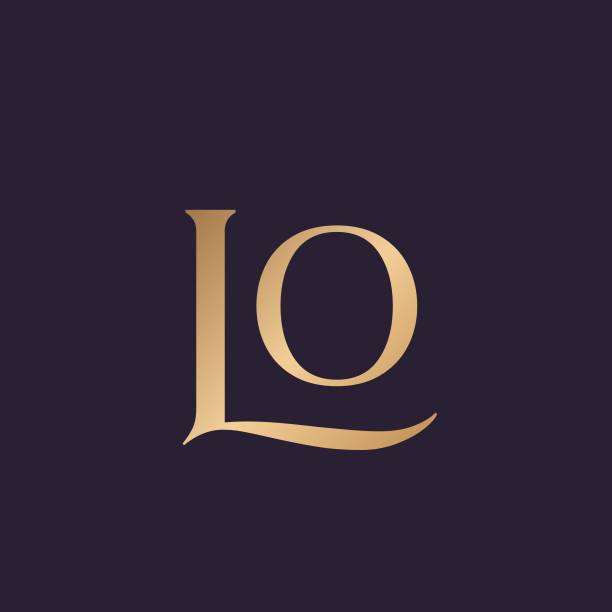 LO monogram logo. Uppercase ornamental serif letter l, letter o signature icon. Luxury style abstract alphabet initials. Lettering sign isolated on dark background. Beauty boutique, wedding, elegant design, fashion brand identity font characters. Metallic gold color decorative letter mark. script letter l stock illustrations