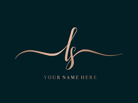 Lettering sign isolated on dark background. Beauty spa, boutique, wedding, elegant luxury brand identity font icon. Script, handwriting style letter mark. Ornamental lines.