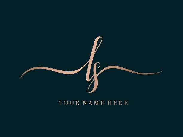 LS monogram logo. Lowercase letter l, letter s decorative signature characters. Calligraphy alphabet initials. Lettering sign isolated on dark background. Beauty spa, boutique, wedding, elegant luxury brand identity font icon. Script, handwriting style letter mark. Ornamental lines. script letter l stock illustrations