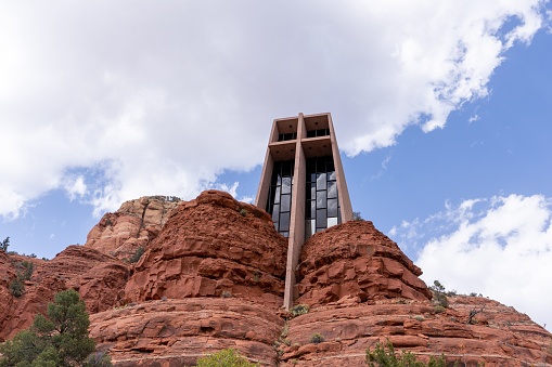 The Chapel of the Holy Cross built into the red rock buttes of Sedona, Arizona, United States.