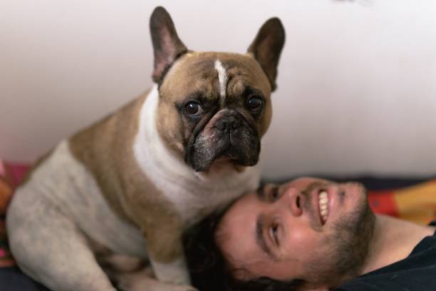 istock Happy-looking man lying on his side with his dog close by 1463696984