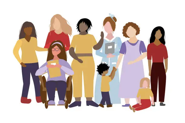 Vector illustration of A company of women with children of different ages, different ethnicity, many body shapes, limited mobility