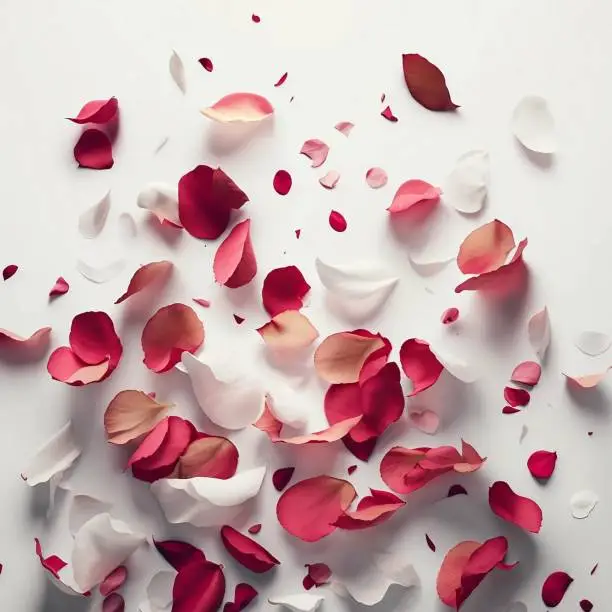 A flatlay of rose petals scattered on a white background - Valetine's day concept