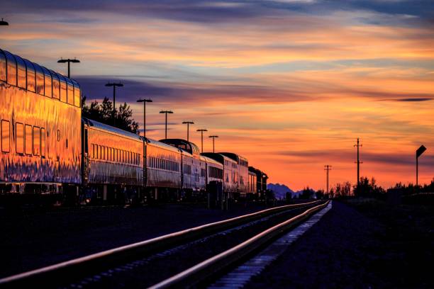 istock Train on the railways in Alaska at sunset 1463700637
