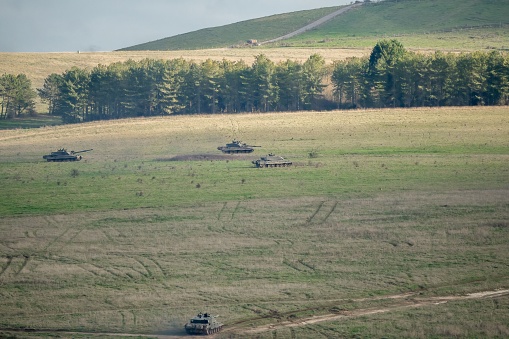 Salisbury, United Kingdom – November 16, 2022: A beautiful view of battle tanks on a combat exercise