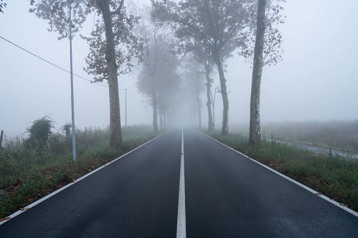 Rural road with broken broken white marking lines turns into mist, dangerous driving conditions metaphor, blurred effect