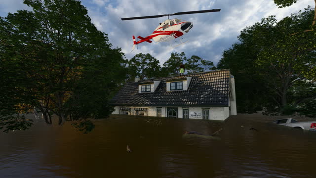 Flood in a community and a man waiting for the rescue, 4K