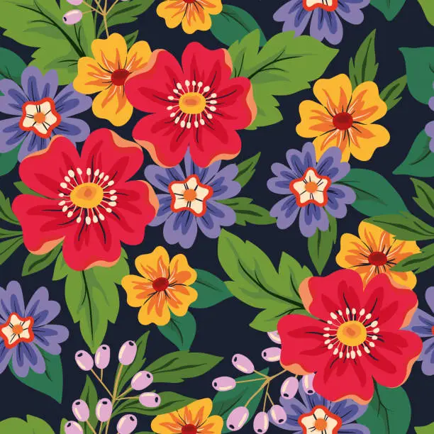 Vector illustration of Seamless floral pattern, summer flower print: blooming meadow with large flowers, buds, leaves. Vector.