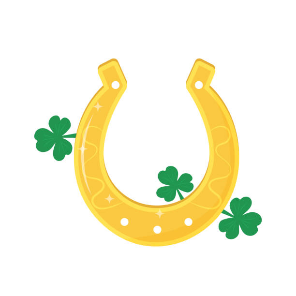토끼풀 잎과 황금 말굽입니다. 성 패트릭의 날 휴일 상징입니다. 행운의 상징입니다. - horseshoe gold luck success stock illustrations