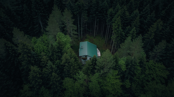 An aerial view of isolated saltbox-roofed house in a dense green forest