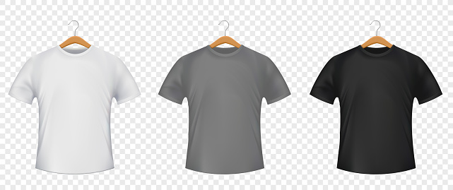 Collection of white, black and gray tshirts. Mockups isolated on transparent background. Vector template.