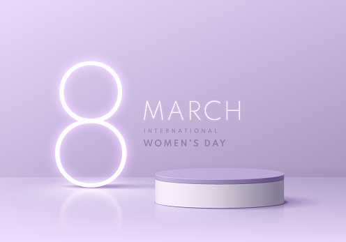 Purple, white products podium 3D background with glowing neon text 8 march international women day. Minimal wall scene mockup product stage showcase, Promotion display. Abstract vector geometric forms