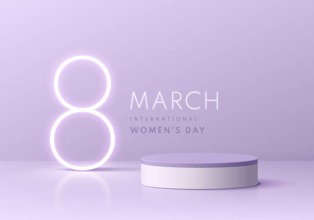 Purple, white products podium 3D background with glowing neon text 8 march international women day. Minimal wall scene mockup product stage showcase, Promotion display. Abstract vector geometric forms vector art illustration