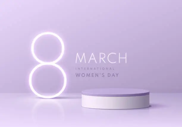 Vector illustration of Purple, white products podium 3D background with glowing neon text 8 march international women day. Minimal wall scene mockup product stage showcase, Promotion display. Abstract vector geometric forms