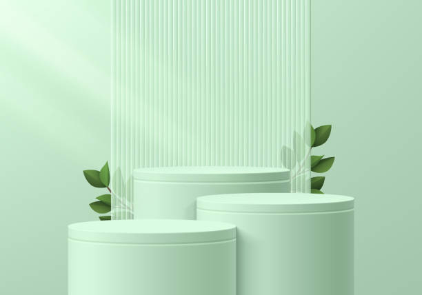 Light green stand product podium set 3D background with leaf and vertical pattern scene. Minimal wall scene mockup product stage for showcase, Banner promotion display. Abstract vector geometric forms vector art illustration