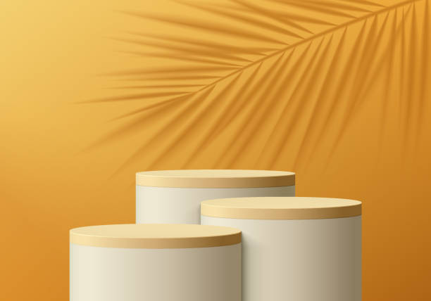 istock White stand product podium set Yellow 3D background with shadow palm leaf on wall. Minimal wall scene mockup product cylinder stage showcase, Banner promotion display. Abstract vector geometric forms. 1463712906