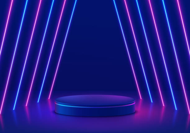 istock Blue stand product podium 3D background with tunnel glowing neon lighting lines scene. Futuristic minimal wall scene mockup product stage showcase, Promotion display. Abstract vector geometric forms. 1463712920