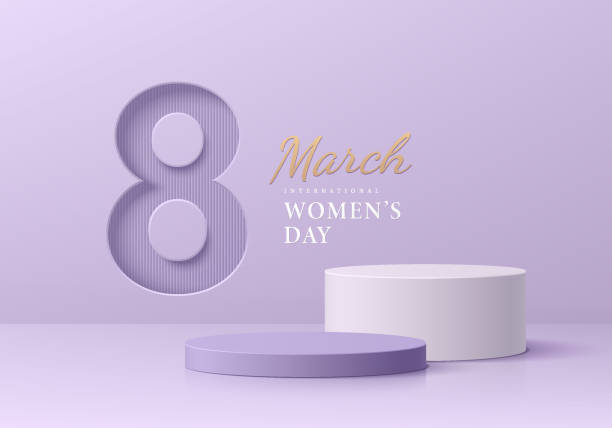 istock White and purple stand product podium set 3D background with text 8 march international women day. Minimal wall scene mockup product stage showcase, Promotion display. Abstract vector geometric forms 1463712923