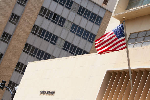 istock Office building with the American flag 1463713697