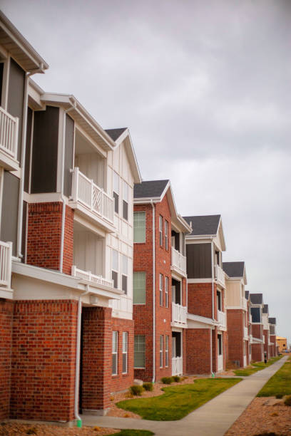 istock Neighborhood with brown brick houses side by side and a path surrounded with grass going to them 1463716061