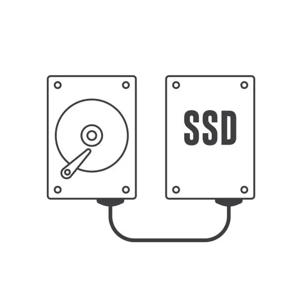 Vector illustration of Hard Disk Drive, HDD and Solid State Drive, SSD Data Transfer Vector Icon Illustration