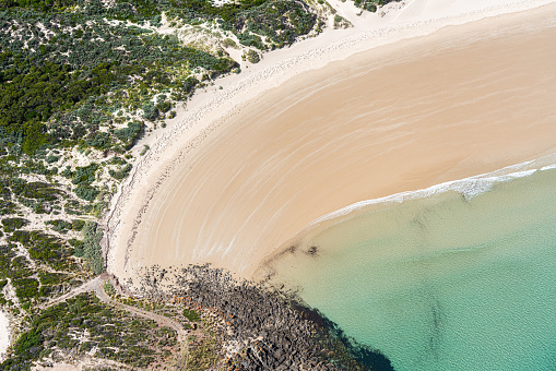 A breathtaking aerial view of the coastline on Tasmania's Northern Coast, Bridport, Australia