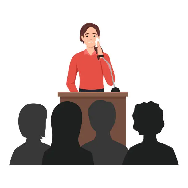 Vector illustration of Young woman feeling fear and anxiety before stage speech. Nervous shy speaker with fright of audience. Lecturer sweating at public speaking. Flat vector illustration isolated on white background