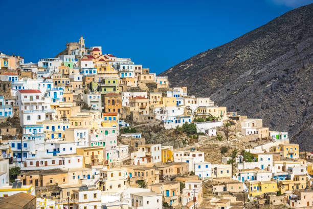 Hillside colorful homes in the old tradition village Olympos stock photo