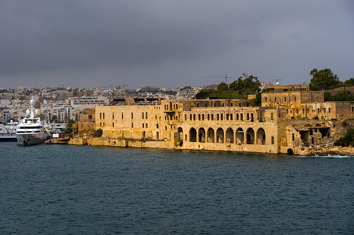 The Lazzaretto (Maltese: Lazzarett) on Manoel Island in Gzira, Malta. Former quarantine facility and hospital dating back to the 17th century, used during plague epidemics, view from Marsamxett Harbour.
