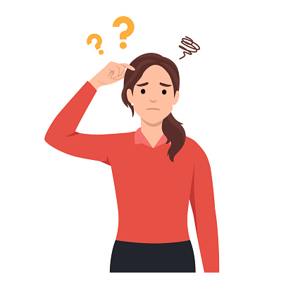 Young woman scratching her head. Puzzled girl scraping hair, feeling doubt or hesitating. Question and doubt concept, human expression and body language. Flat vector illustration isolated on white