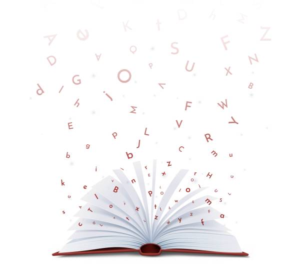 ilustrações de stock, clip art, desenhos animados e ícones de book with letters falling - dictionary alphabet letter text