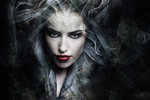 dark fantasy sorceress woman, composite photo