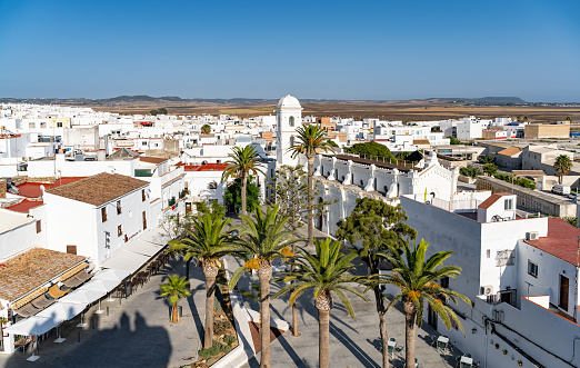 An aerial view of the traditional white buildings of the Conil de la Frontera town in Cadiz, Spain