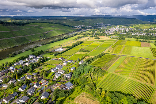 Aerial view of a landscape in Rhineland-Palatinate, Germany on the river Glan in the village Rehborn
