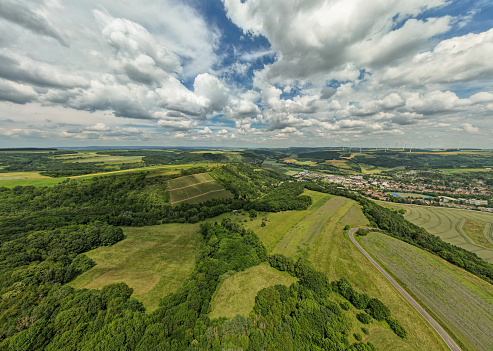 An aerial view of a landscape in Rhineland-Palatinate, Germany on the river Glan in the village Rehborn