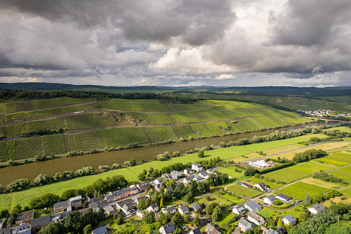 Aerial view of a landscape in Rhineland-Palatinate, Germany on the river Glan in the village Rehborn