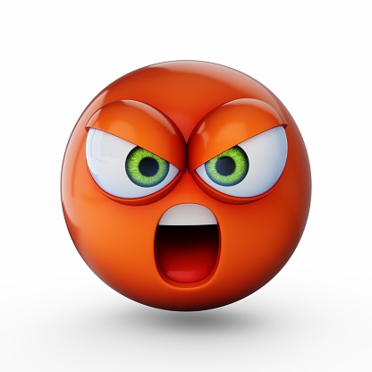 3D Rendering angry emoji isolated on white background.