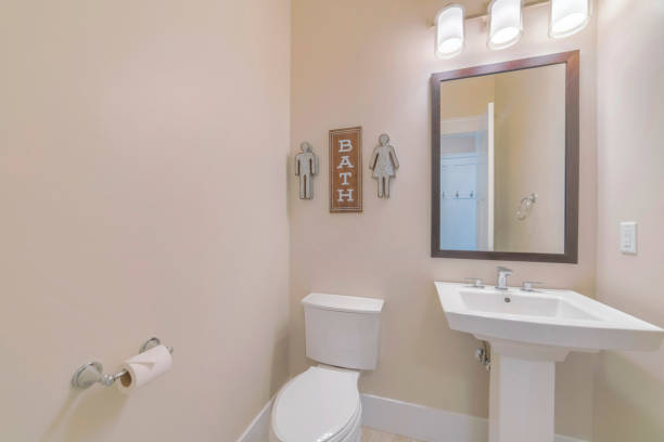 istock Mirror, a sink, and a toilet seat in a bathroom 1463743219