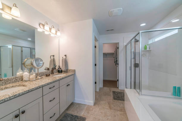 istock Sink, a bath, and a shower cubicle in a bathroom 1463744786