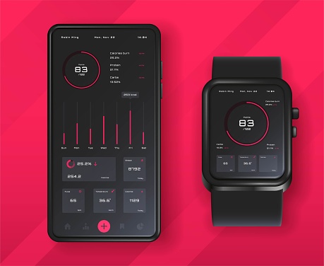 Sport app in watch set. Smartwatch and smartphone. Gadgets and devices collection, wireless connection and synchronization. Check health rate. Realistic vector illustrations isolated on red background