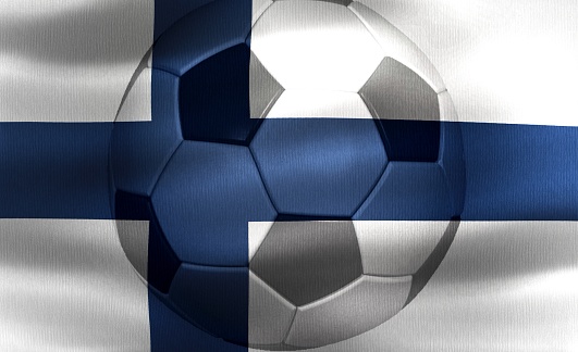 A waving Finnish flag with a football ball outline